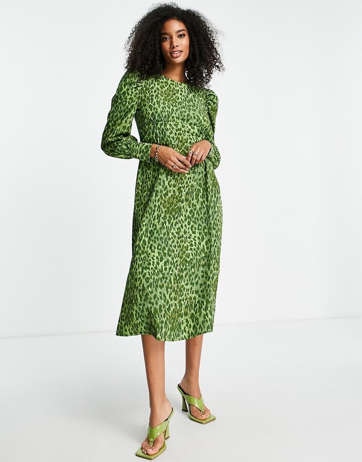 Vila shoulder detail midi dress in green leopard print ShopStyle