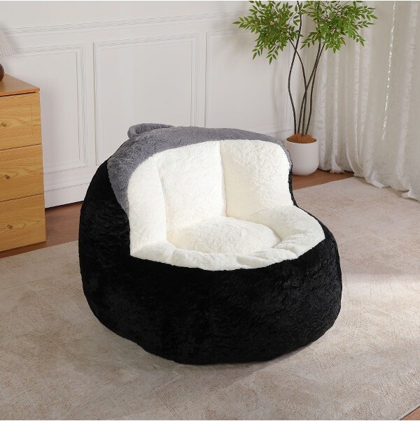 CAVINAS LLC CAVINASOversizedBeanBagChairforAdultwithShreddedSpongeFilledMulticolorFauxFurCloudCouchRoundFloorSofaforLivingRoomBedroomBlack