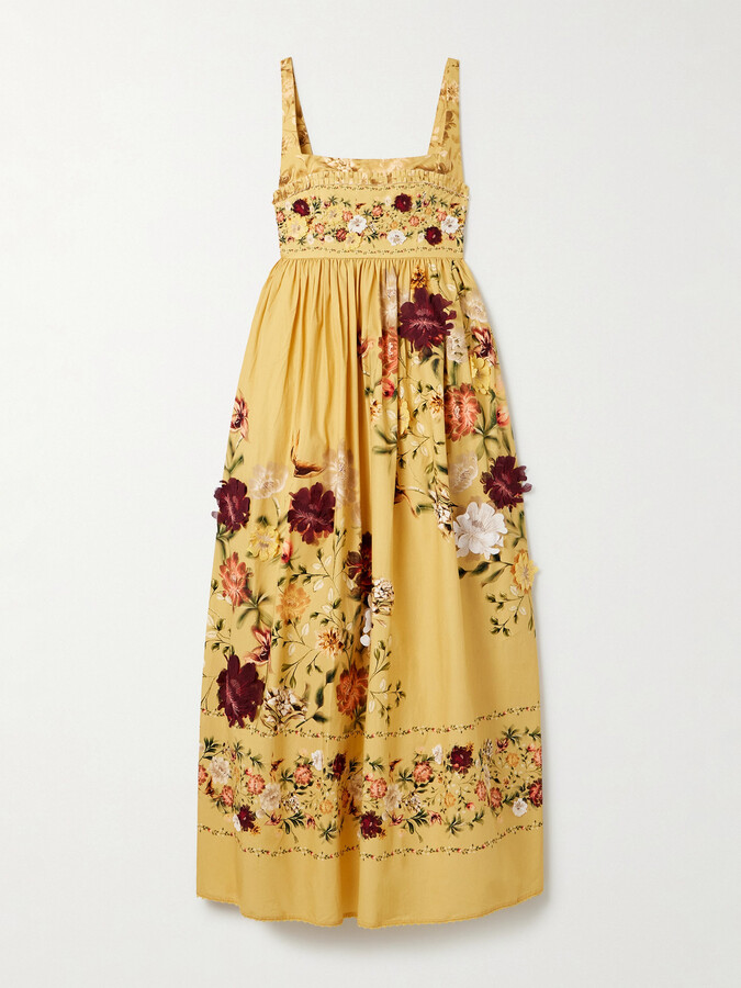 Agua by Agua Bendita Barbara Paramo Pleated Appliquéd Floral-print Cotton-poplin Midi Dress - Yellow