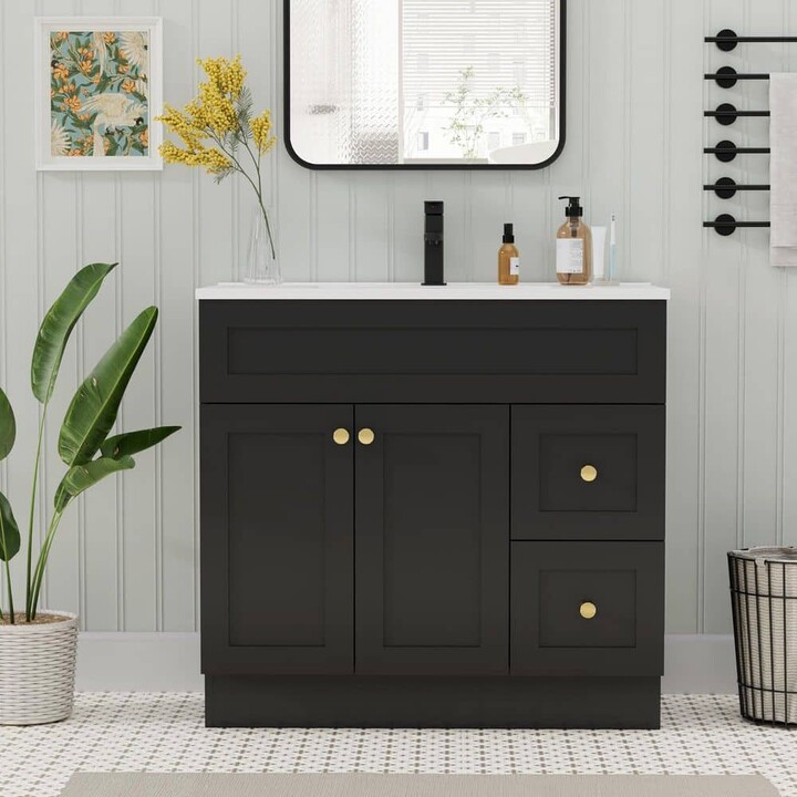 ECLIFE 36 in. W x 18.3 in. D Single Sink Freestanding Black Bath Vanity with White Integrated Composite Resin Top Drain Set