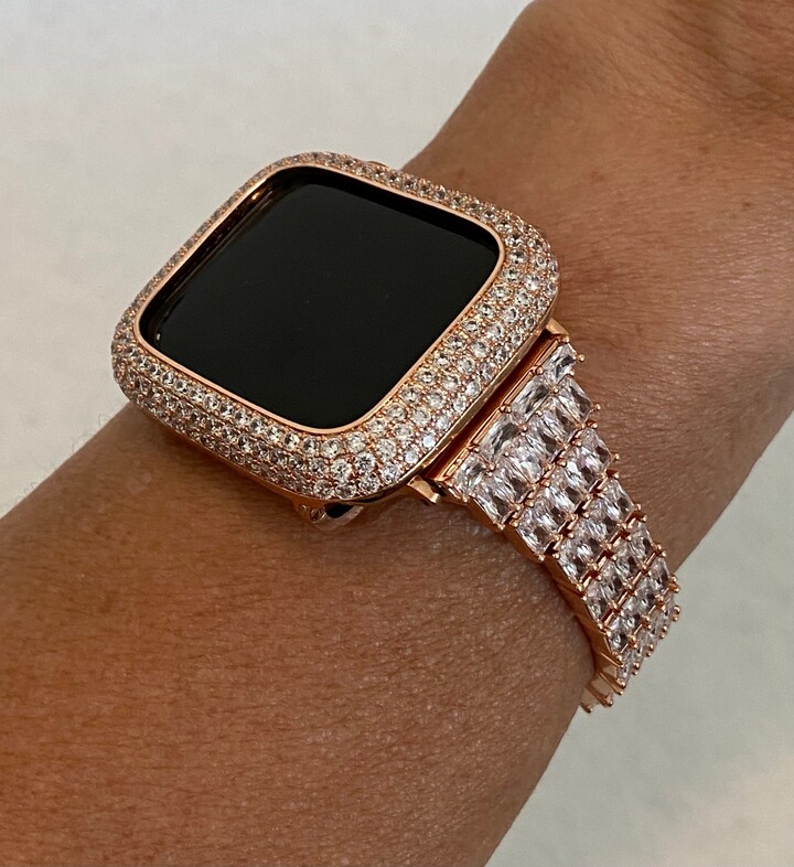 Apple Watch Band Women Rose Gold Custom Baguette & Or Cover Lab Diamond Bezel For Iphone Case 38mm-49mm Ultra