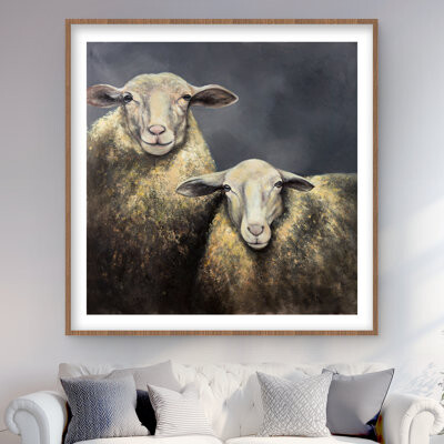 Lark Manor Two Sheeps - Farmhouse Beige Framed Matted Print for Decor