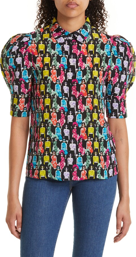 Alice + Olivia Willa Scrunched Puff Sleeve Silk Button-Up Shirt ...