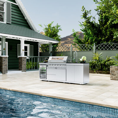 ES-DIY 6-Burner Propane Gas Grill Island Outdoor Kitchen With Outdoor Rated Rotisserie Refrigerator Sink In Stainless Steel