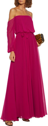 Badgley Mischka Off-the-shoulder Belted Chiffon Gown