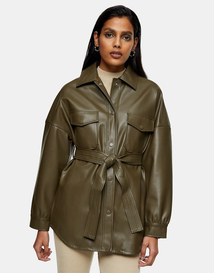 Topshop Faux Leather Bomber Jacket In Khaki Topshop Faux Leather