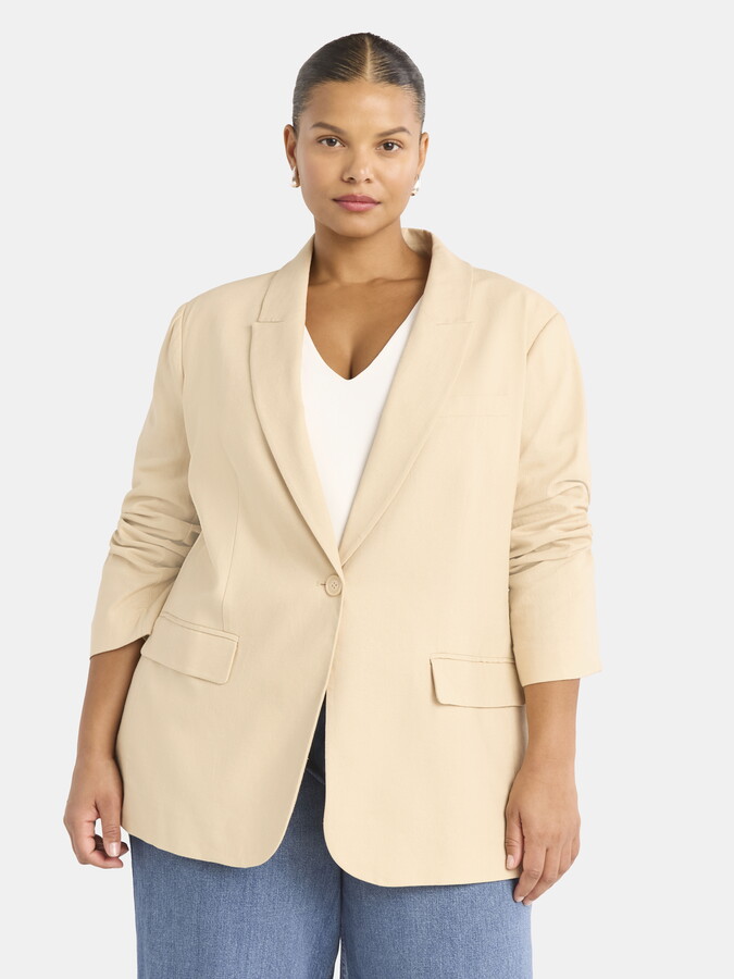 Scoop Women’s and Women’s Plus One Button Linen Blend Blazer, Sizes XS-4X