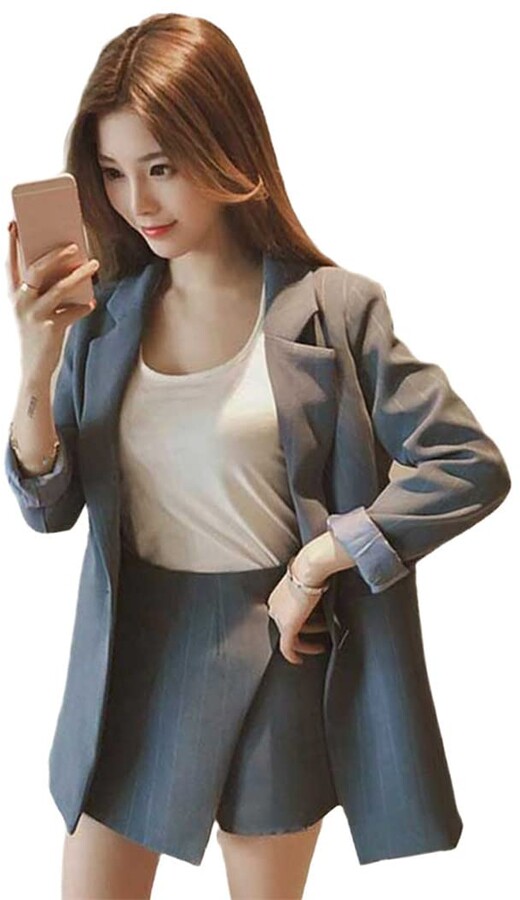 Yioleamp Women Skirt Suits Single Button Notched Striped OL Female Blazer  Jackets Slim Mini Skirts Two Pieces Sets Gray Blue - ShopStyle