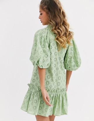 ASOS DESIGN mini shirt dress with puff sleeves in broderie