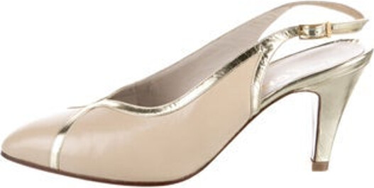 Chanel Leather Slingback Pumps Neutrals Interlocking CC Logo Semi-Pointed Toes Straps & Buckle Closure at Ankles Designer
