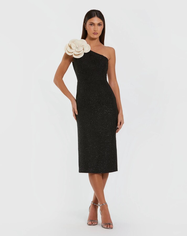 - Black One Shoulder Boucle Midi Dress With 3D Flower - Black Ivory / US 0
