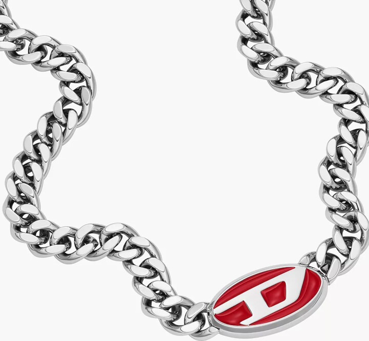 Diesel Red Lacquer and Stainless Steel Chain Necklace