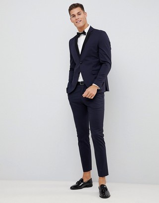 Selected Navy Tuxedo Suit Jacket With Satin Lapel In Slim Fit