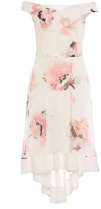 Quiz Cream And Pink Mesh Floral Print Dip Hem Dress
