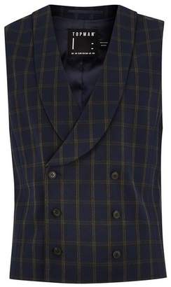 Topman Mens Blue Navy And Brown Check Muscle Fit Suit Vest