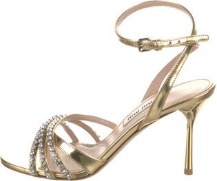 Miu Miu Patent Leather Sandals Gold & Metallic Crystal Embellishments Multistrap & Buckle Closure at Ankles Includes Box & Additional Heel Caps | Miu Miu Patent Leather Crystal Embellishments Sandals w/ Tags in Gold/Metallic, Women's IT 34.5 | 4.5