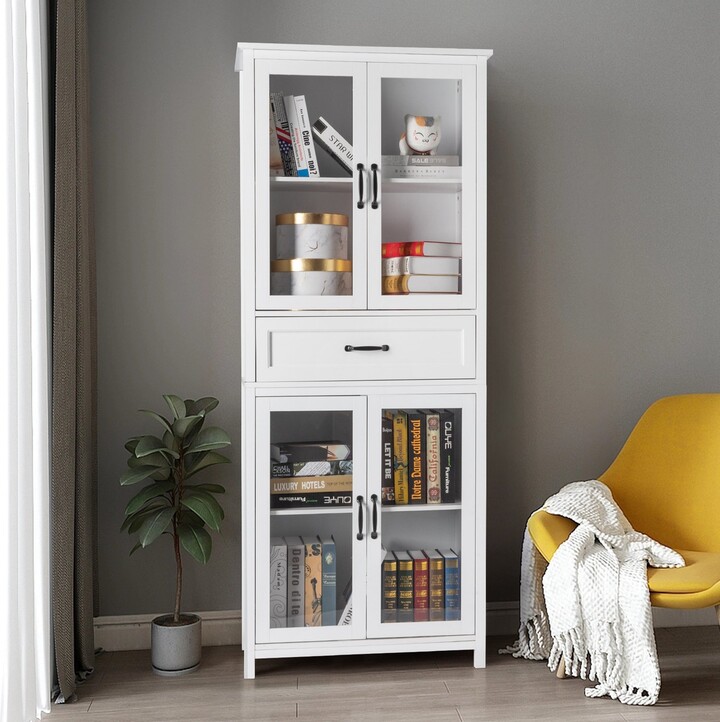 White Wood Bookcase Storage with Glass Doors and Drawers