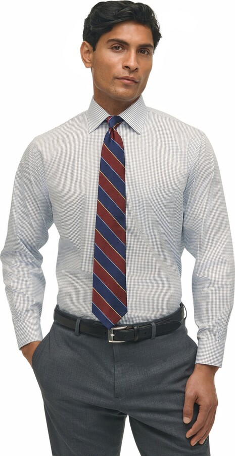 Brooks Brothers Men's Regular Fit Non-Iron Polo Button-Down Collar Blue Check Pinpoint Dress Shirt