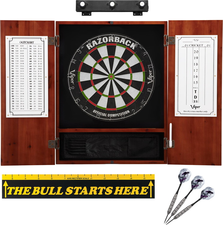 Viper Razorback Sisal Dartboard, Underground Raven Steel Tip Darts 25 Grams, Metropolitan Cinnamon Cabinet, Shadow Buster Dartboard Lights & "The Bull Starts Here" Throw Line Marker