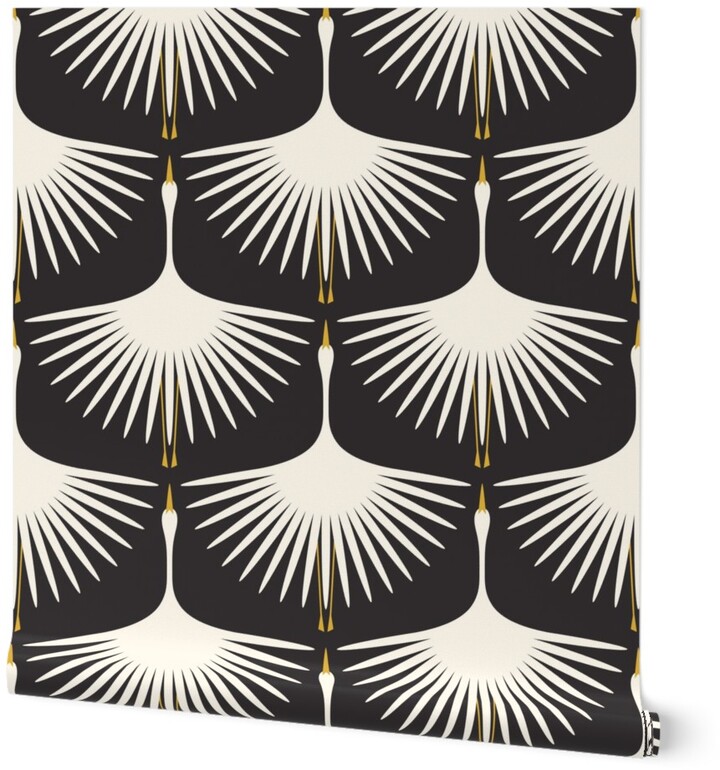 Shutterfly Wallpapers Art Deco Swans Cream On Black Wallpaper, Test