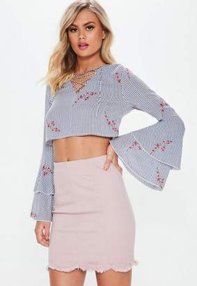 Missguided Petite Blue Floral Stripe Lace Up Top