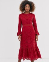 Thumbnail for your product : ASOS DESIGN PREMIUM broderie maxi dress with pep hem and fluted sleeves