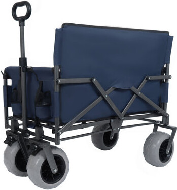 TYUNABRN 3-In-1 Folding Wagon With Bench Seat & Rear-Mounted Folding Tabletop – 500Lbs Capacity, 9"X4" Beach Tires For Camping, Beach, Dark Blue