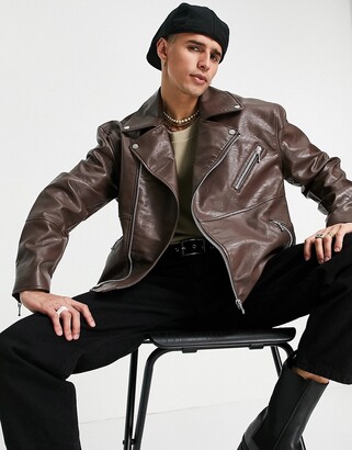 ASOS DESIGN faux-leather biker jacket in brown