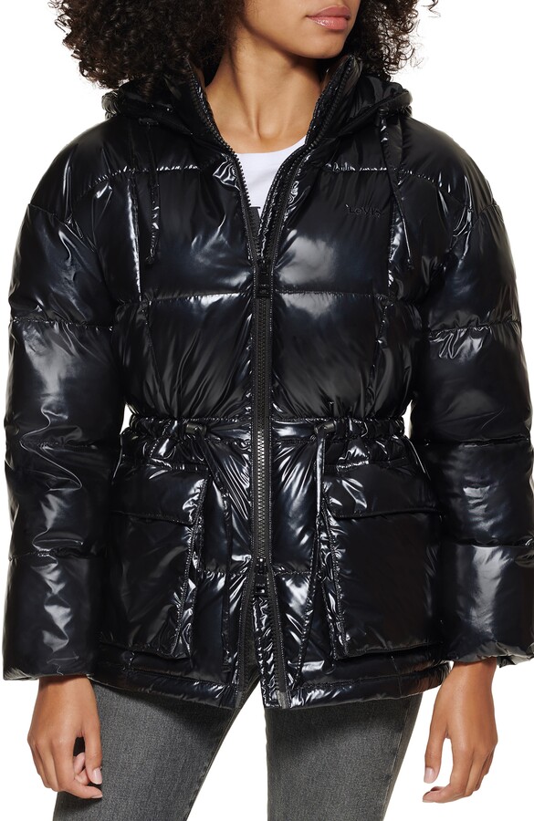 cinched waist puffer jacket