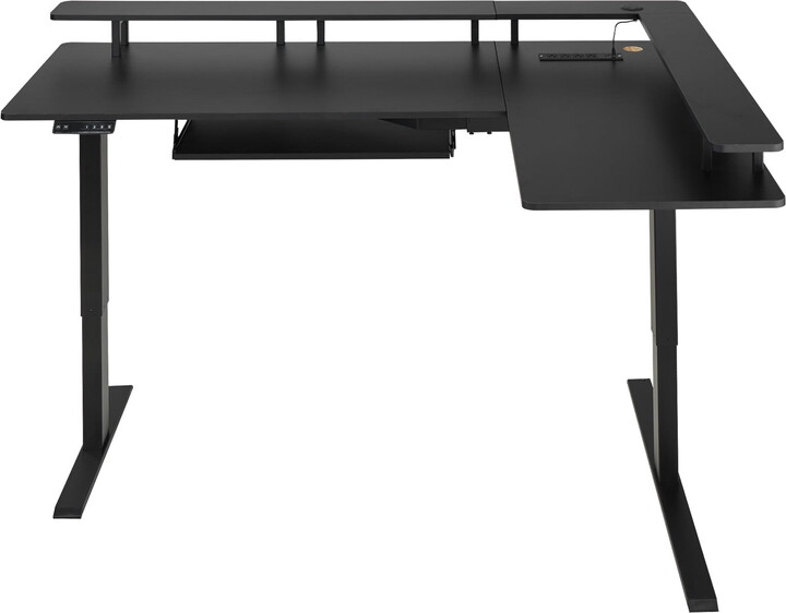 KFFKFF L-Shaped Electric Height Adjustable Desk, Corner Gaming Desk with Keyboard Tray and Dual Hooks, Sturdy Computer Table with LED Light Strip for Home Office, Simple Assembly, Black