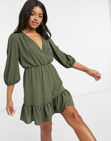 Thumbnail for your product : ASOS DESIGN wrap front frill hem mini tea dress with puff sleeves in khaki