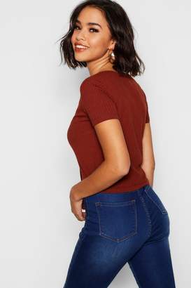 boohoo Gold Button Ribbed Knit Top