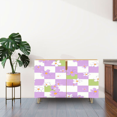 Dakota Fields Sideboard Buffet Cabinet with Storage check repeat Retro hippie floral all surface print with 2 Doors for Living Room and Kitchen