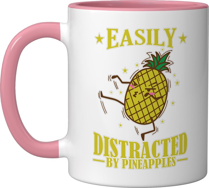 Pineapple fruit tropical yummi sweet juicy pulp Easily Distracted by Pineapples Ceramic Mug, Pink/White