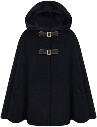 Azbro Women's Winter Wool Blend Hooded Cape Cloak Coat, XL