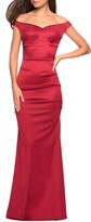 Thumbnail for your product : La Femme Off the Shoulder Satin Sheath Gown