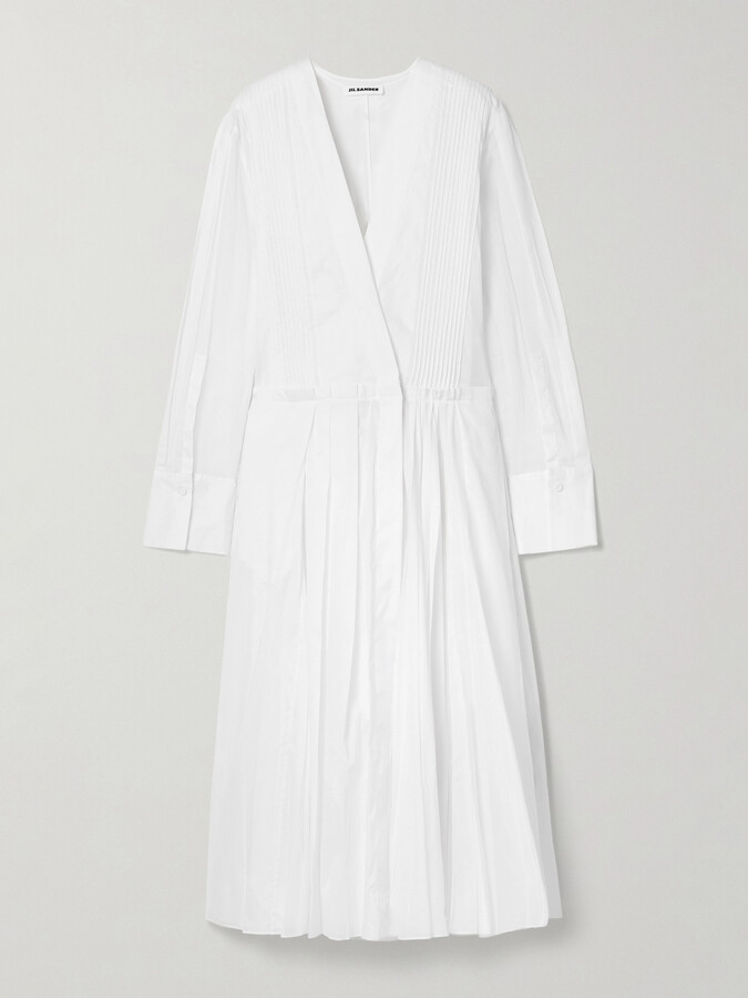 Jil Sander Wrap-effect Pintucked Plissé Cotton-organza Midi Dress - White