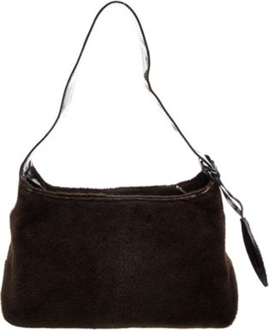 Les Copains Shoulder Bag Brown Faux Fur Leather Trim Single Shoulder Strap Leather Trim Embellishment Jacquard Lining & Single Interior Pocket Zip Closure at Top | Les Copains Faux Fur Shoulder Bag in Brown