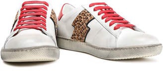 Amiri Leopard-print Calf Hair-appliqued Distressed Leather Sneakers