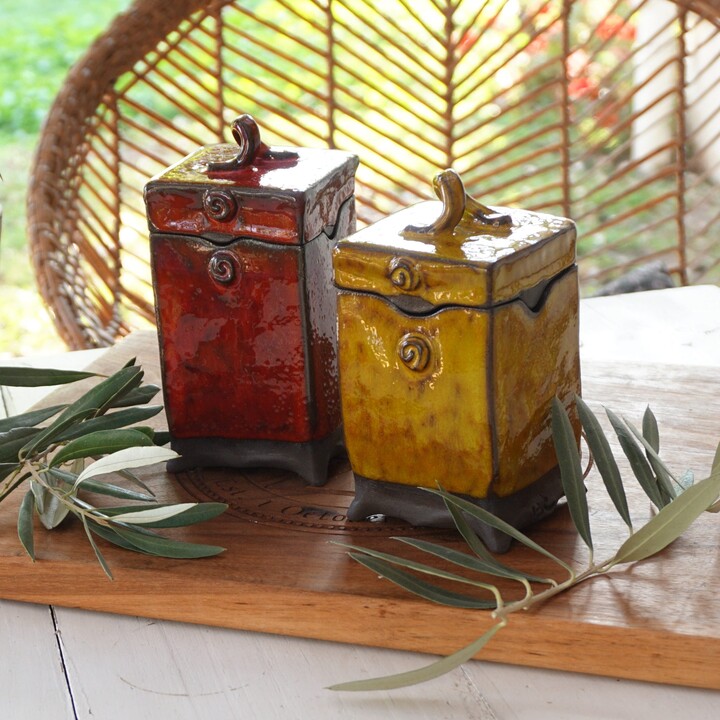Lidded Square Pottery Box Red Or Yellow Ceramic Container