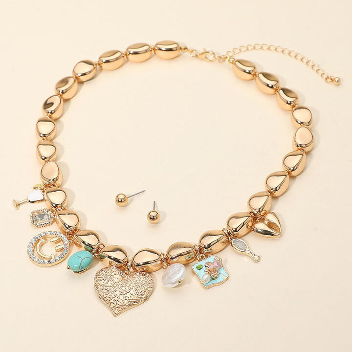FASHNZFAB Heart Pearl Flower Smile Turquoise Stone Charm Station Metal Pebble Beaded Statement Necklace - Cream Gold