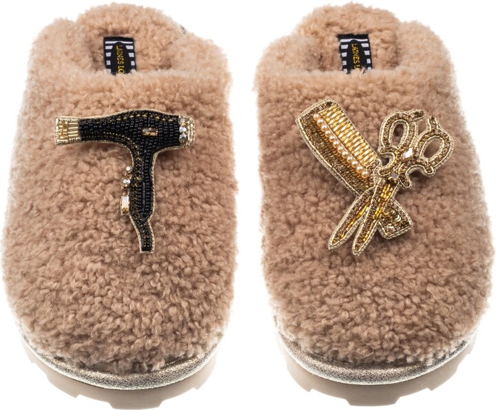 Laines London Brown / Neutrals Teddy Closed Toe Slippers With Hairdresser Brooches - Toffee