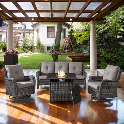 Red Barrel Studio Billancourt Wicker 5 - Person Outdoor Seating Group with Fire Pit Cushions