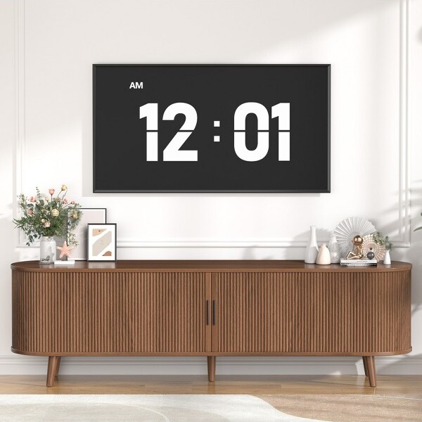 GymojoyMid-CenturyModernTelevisionStandMediaConsolewithSlidingDoorEntertainmentCenterforTVupto85InchAdjustableShelvesWalnut