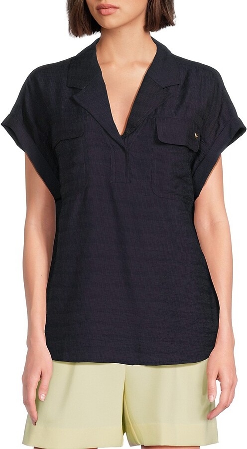 Crinkled Camp Pocket V-Neck Blouse