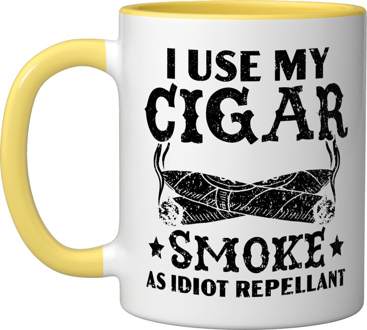 Cigarette Cigar Tobacco Smoking SteMi Apparel Cigar Smoking Tobacco Smoke Cigarette Smoker Cigar Lover Ceramic Mug, Yellow/White
