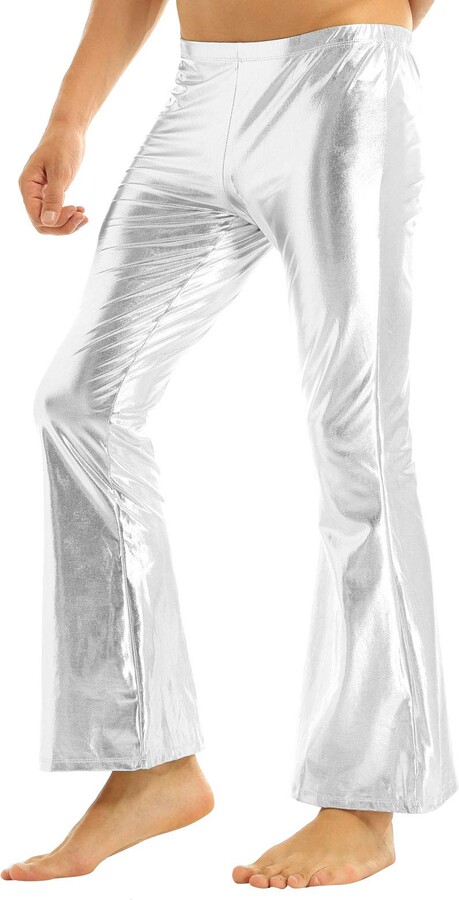 FEESHOW Men's Shiny Metallic Faux Leather 70s Disco Trousers Flared ...
