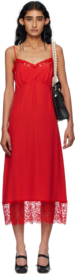 Simone Rocha Red Deep Lace Trim Slip Midi Dress