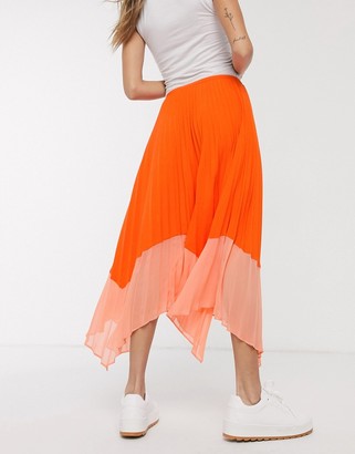 French Connection two tone pleated midi skirt in neon orange