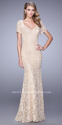 La Femme All Over Lace Modest Short Sleeve Evening Dress